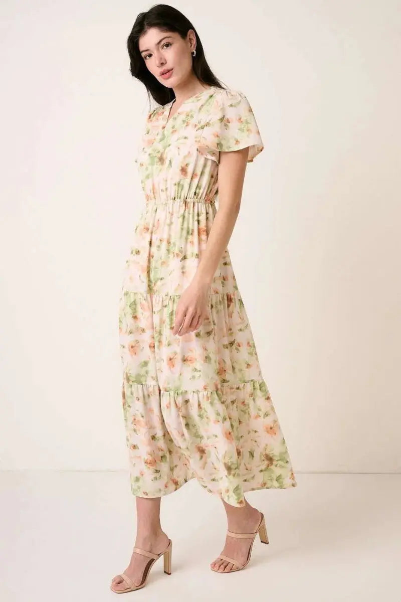 Mittoshop Flower Print Flutter Sleeve V Slit Maxi Dress - Love Salve